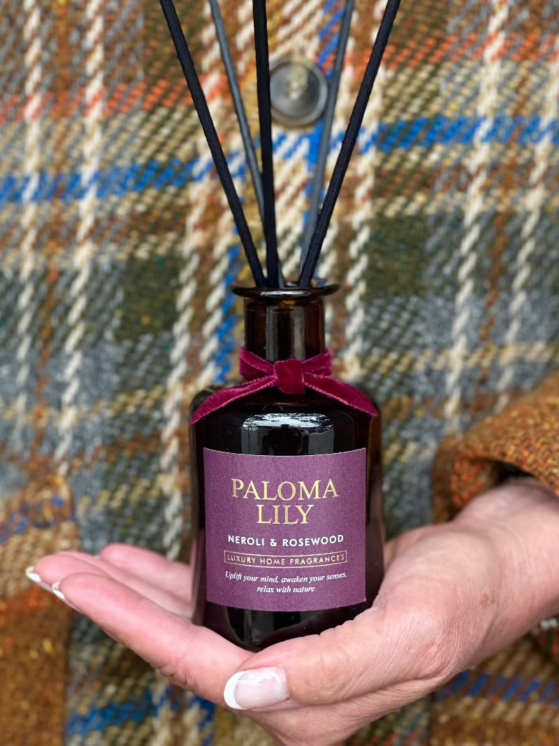 Hand holding a Paloma Lily diffuser bottle against a plaid fabric background