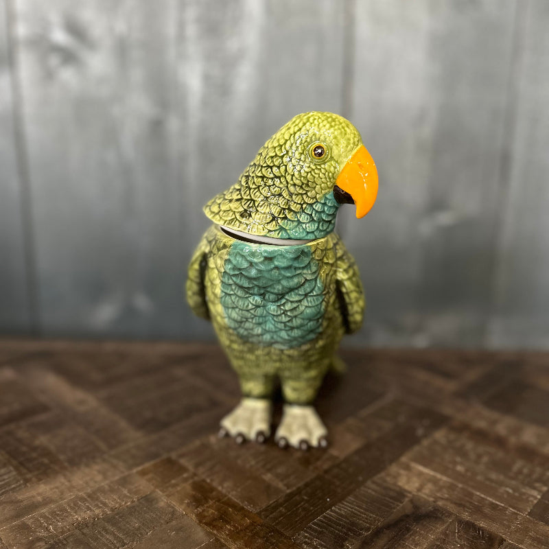 Green parrot-shaped teapot on a wooden surface with a gray background