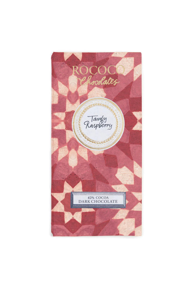 A packaged Rococo dark chocolate bar with tangy raspberry flavor, displayed against a white background.