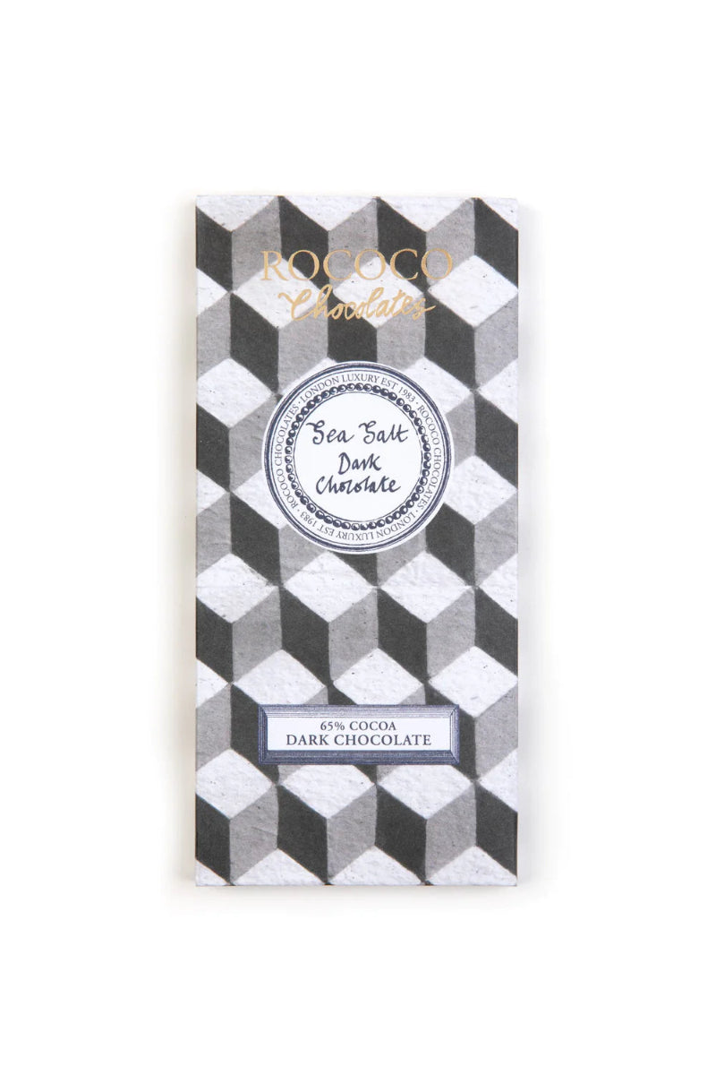 Packaging of Rococo Sea Salt Dark Chocolate Bar with a geometric pattern and brand label.