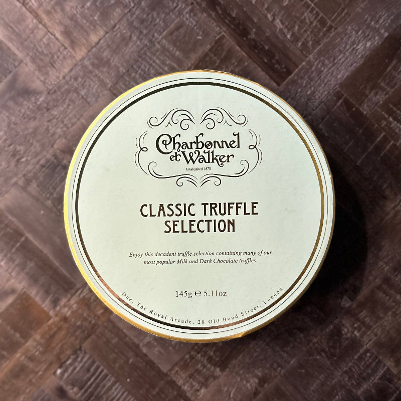 Chabernel et Walker Classic Truffle Selection tin on a wooden surface
