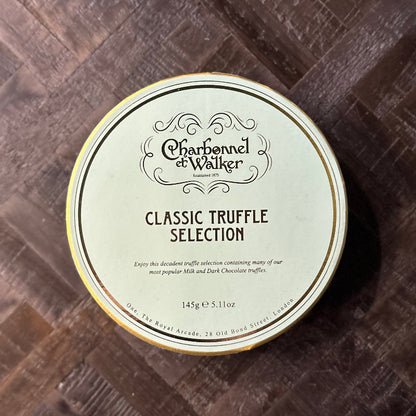 Chabernel et Walker Classic Truffle Selection tin on a wooden surface