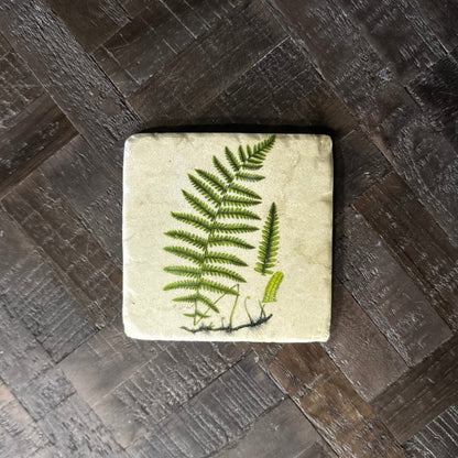Square stone coaster with pressed fern design on a wooden surface