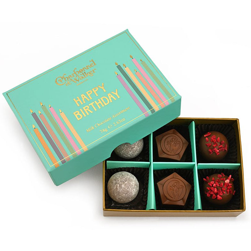 Open box of chocolates with &